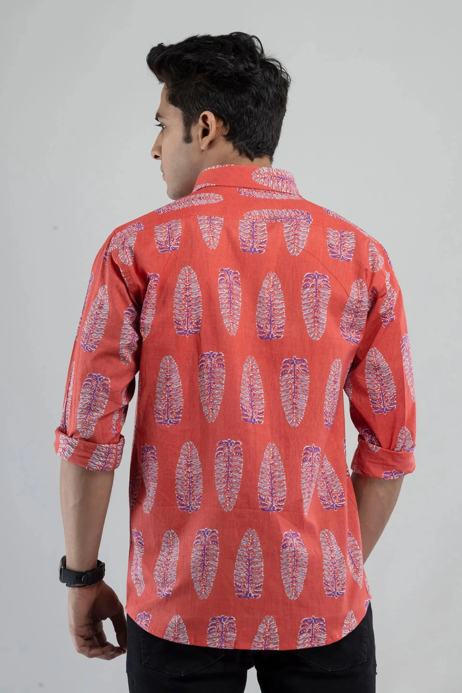 Firangi Yarn Ethnic Motif Block Printed Shirt For Men In Gajri Red-Full Sleeves