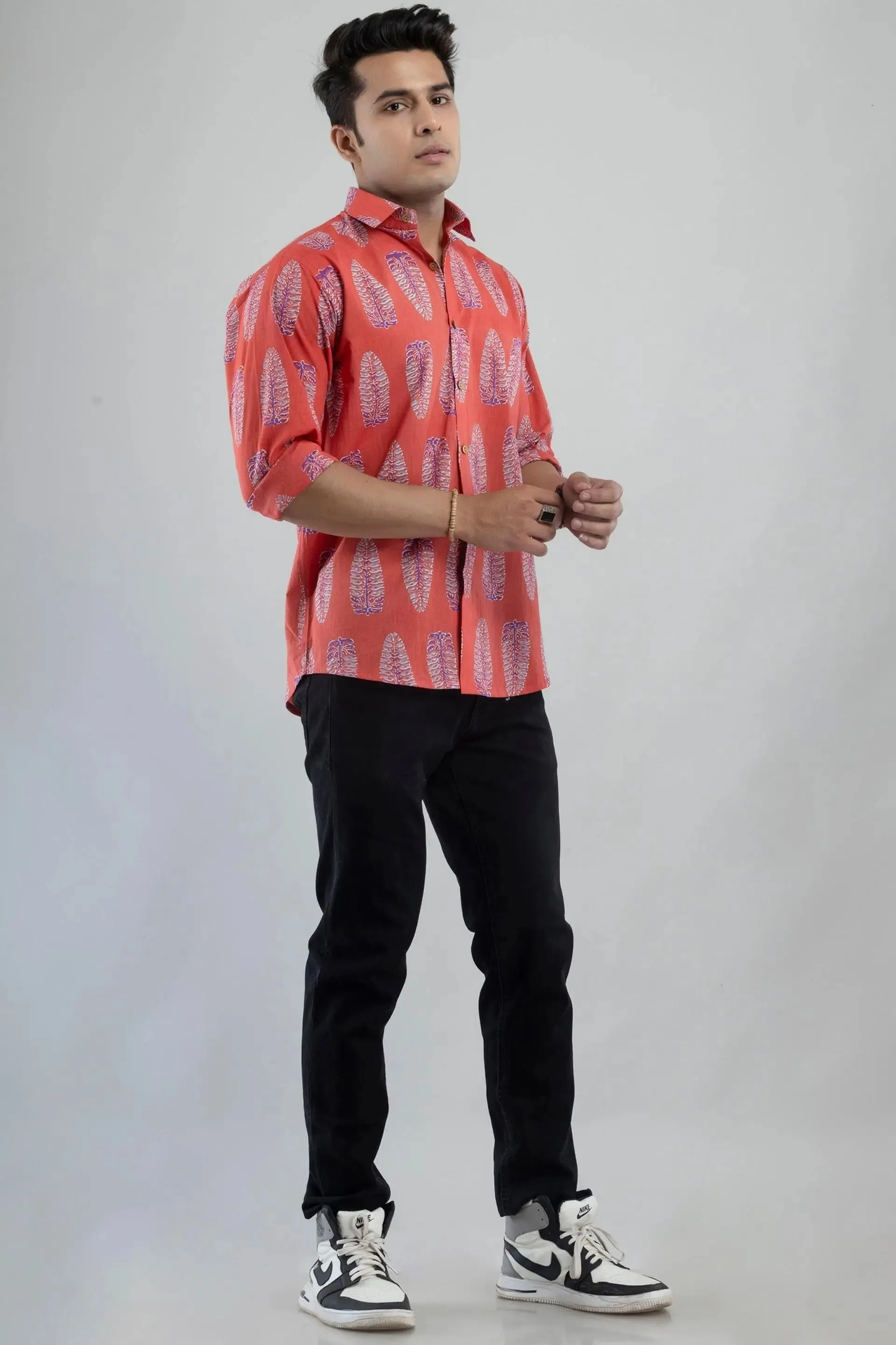 Firangi Yarn Ethnic Motif Block Printed Shirt For Men In Gajri Red-Full Sleeves