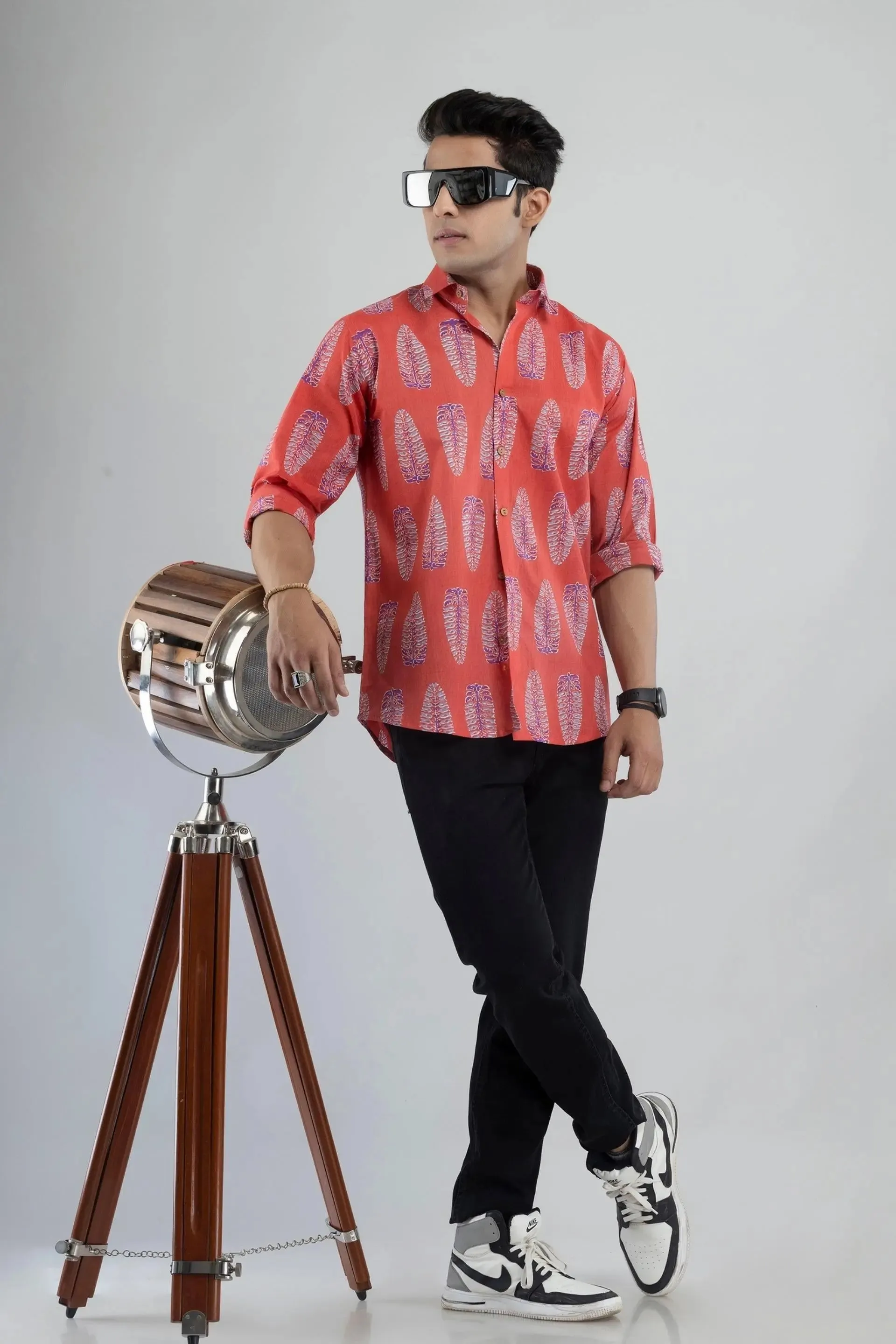 Firangi Yarn Ethnic Motif Block Printed Shirt For Men In Gajri Red-Full Sleeves