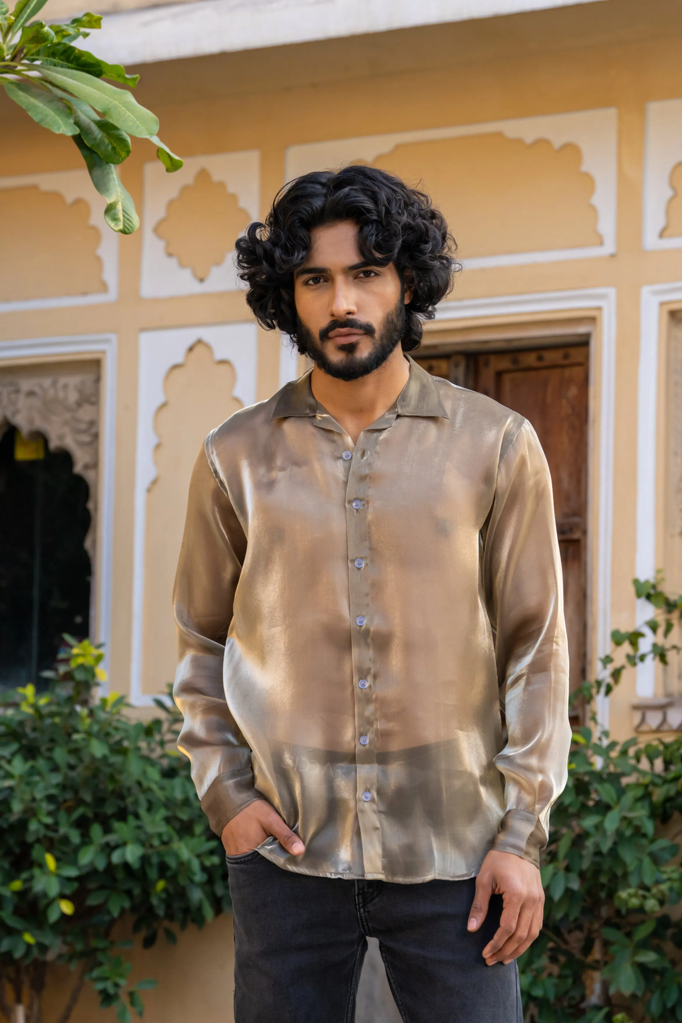 Firangi Yarn Spread Collar Sheer Shimmer Tissue Silk Party Shirt - Gold Dust