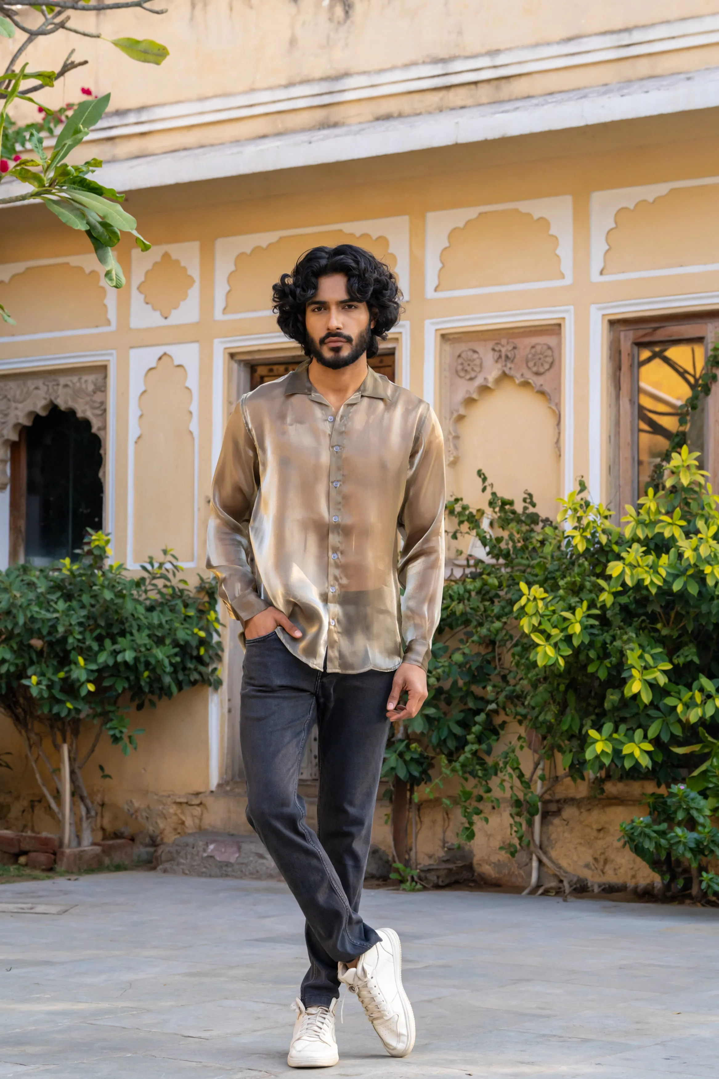 Firangi Yarn Spread Collar Sheer Shimmer Tissue Silk Party Shirt - Gold Dust
