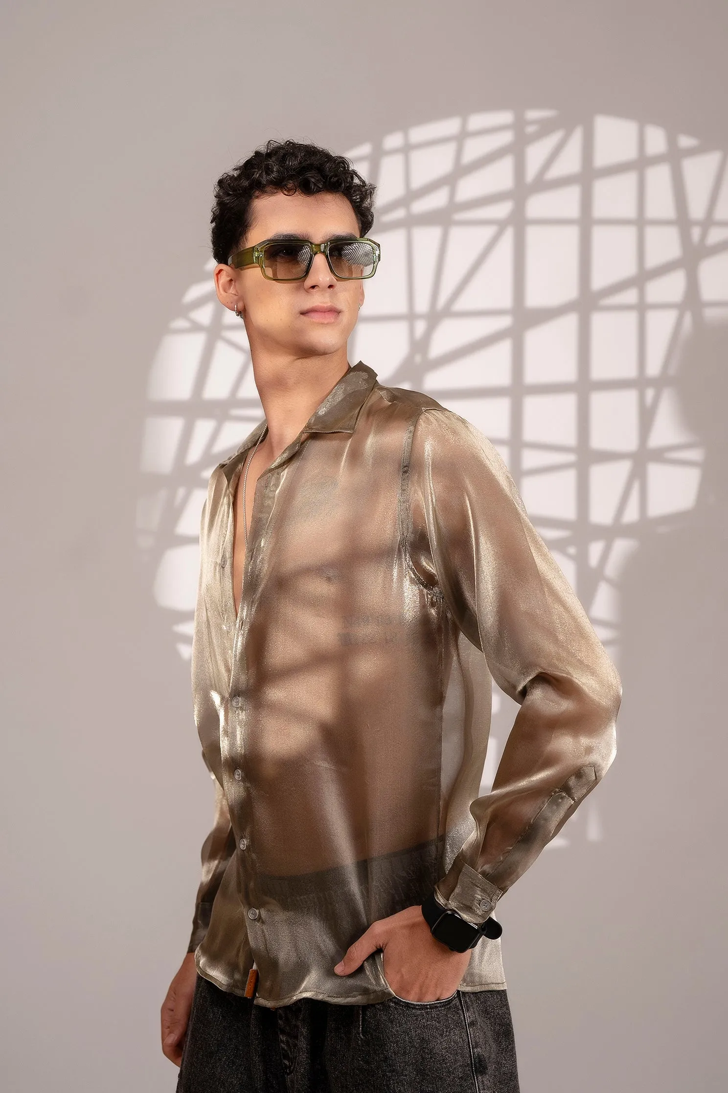 Firangi Yarn Spread Collar Sheer Shimmer Tissue Silk Party Shirt - Gold Dust