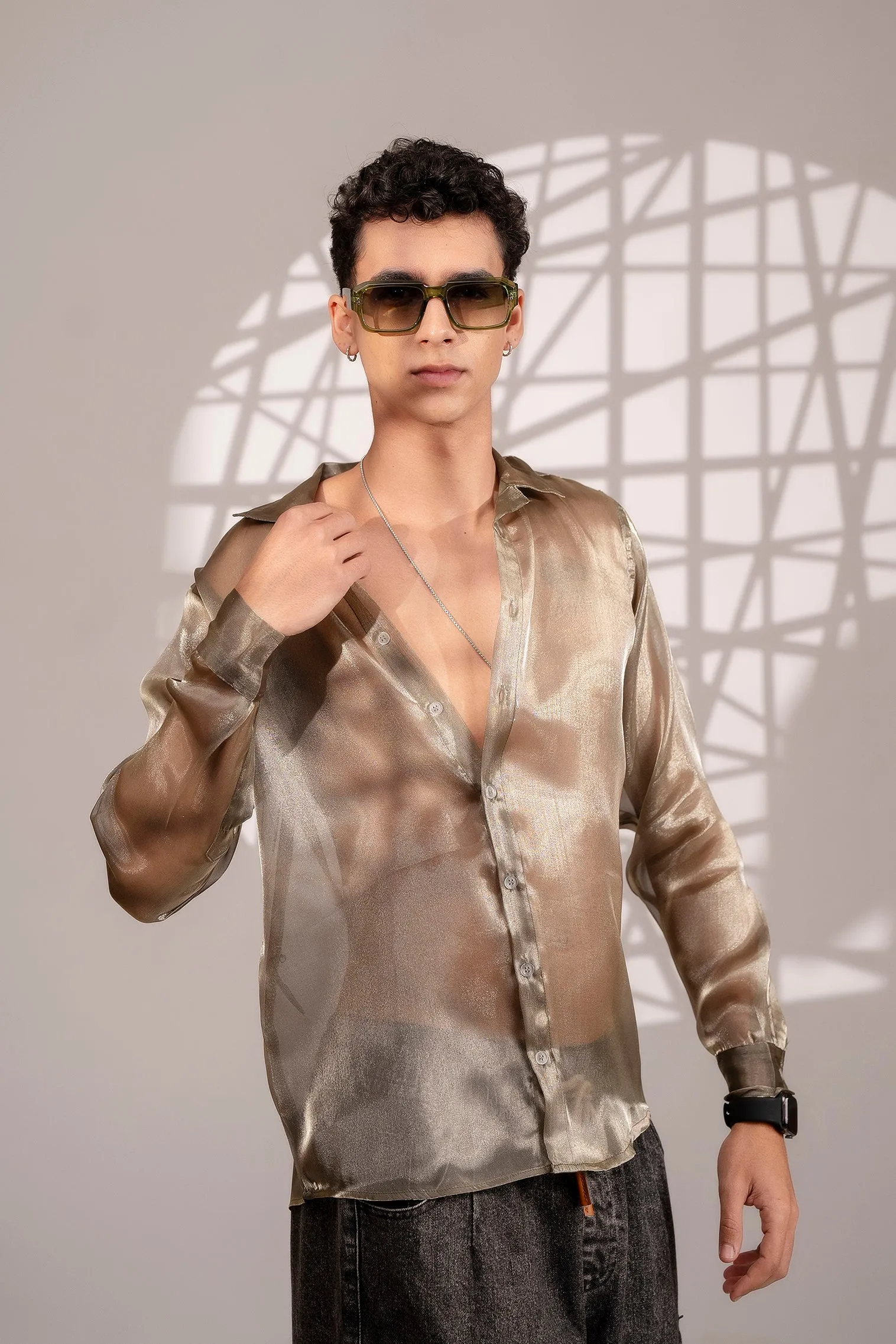 Firangi Yarn Spread Collar Sheer Shimmer Tissue Silk Party Shirt - Gold Dust