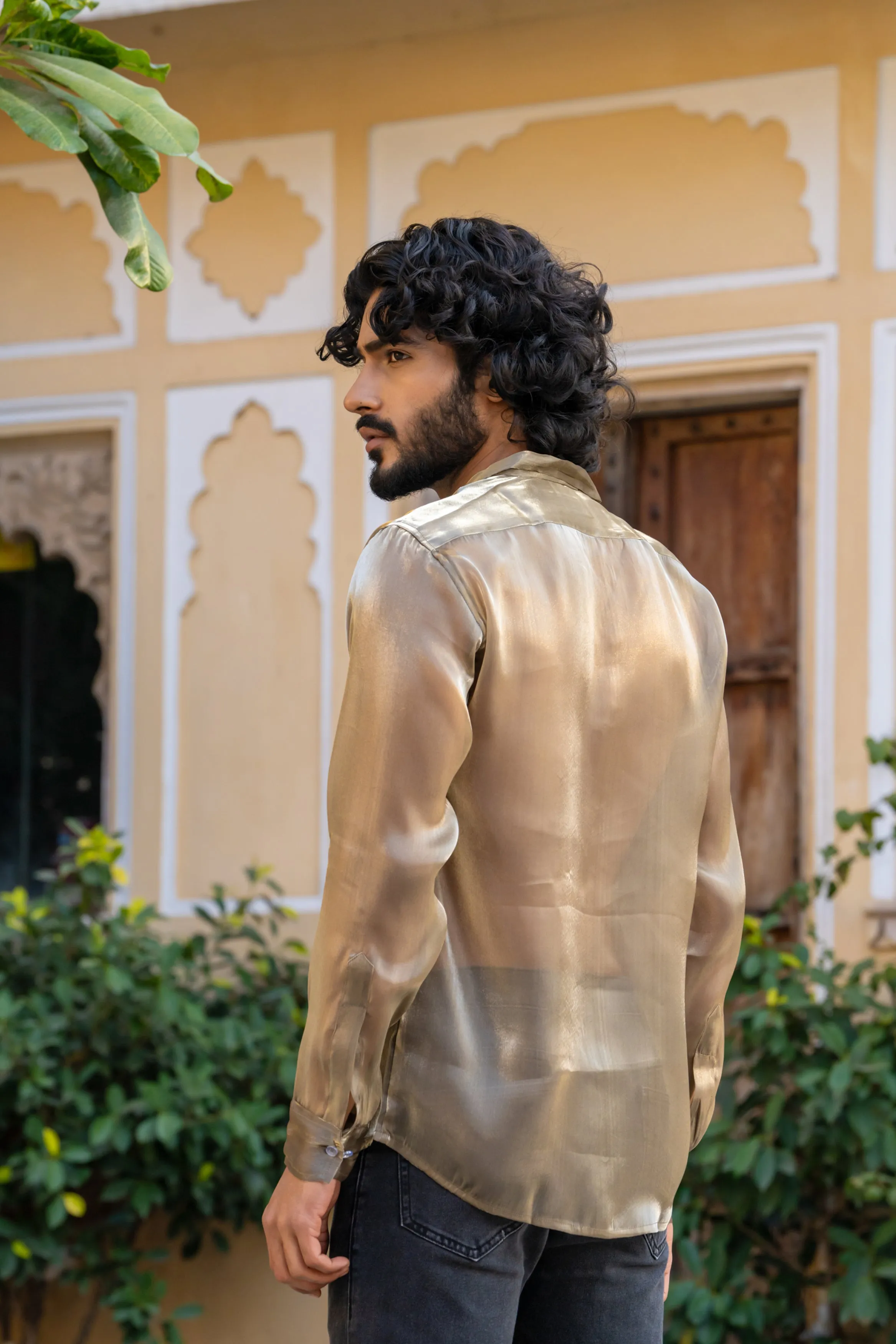 Firangi Yarn Spread Collar Sheer Shimmer Tissue Silk Party Shirt - Gold Dust