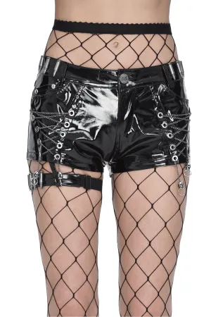 Glossy Black Shorts with Chain Details - Edgy Style Glossy Black Shorts with Chain Details - Edgy Style