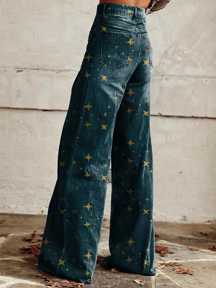 Greta - Casual Wide Leg Pants with Star Print