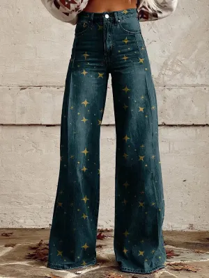 Greta - Casual Wide Leg Pants with Star Print
