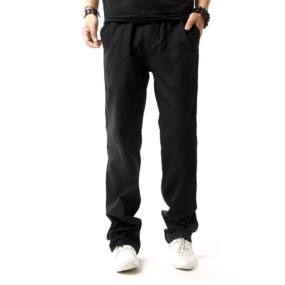 Hanrae Mens Casual Breathable Cotton Linen Drawstring Solid Color Pants