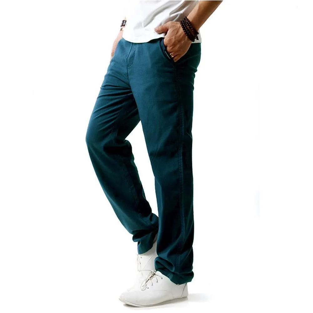 Hanrae Mens Casual Breathable Cotton Linen Drawstring Solid Color Pants
