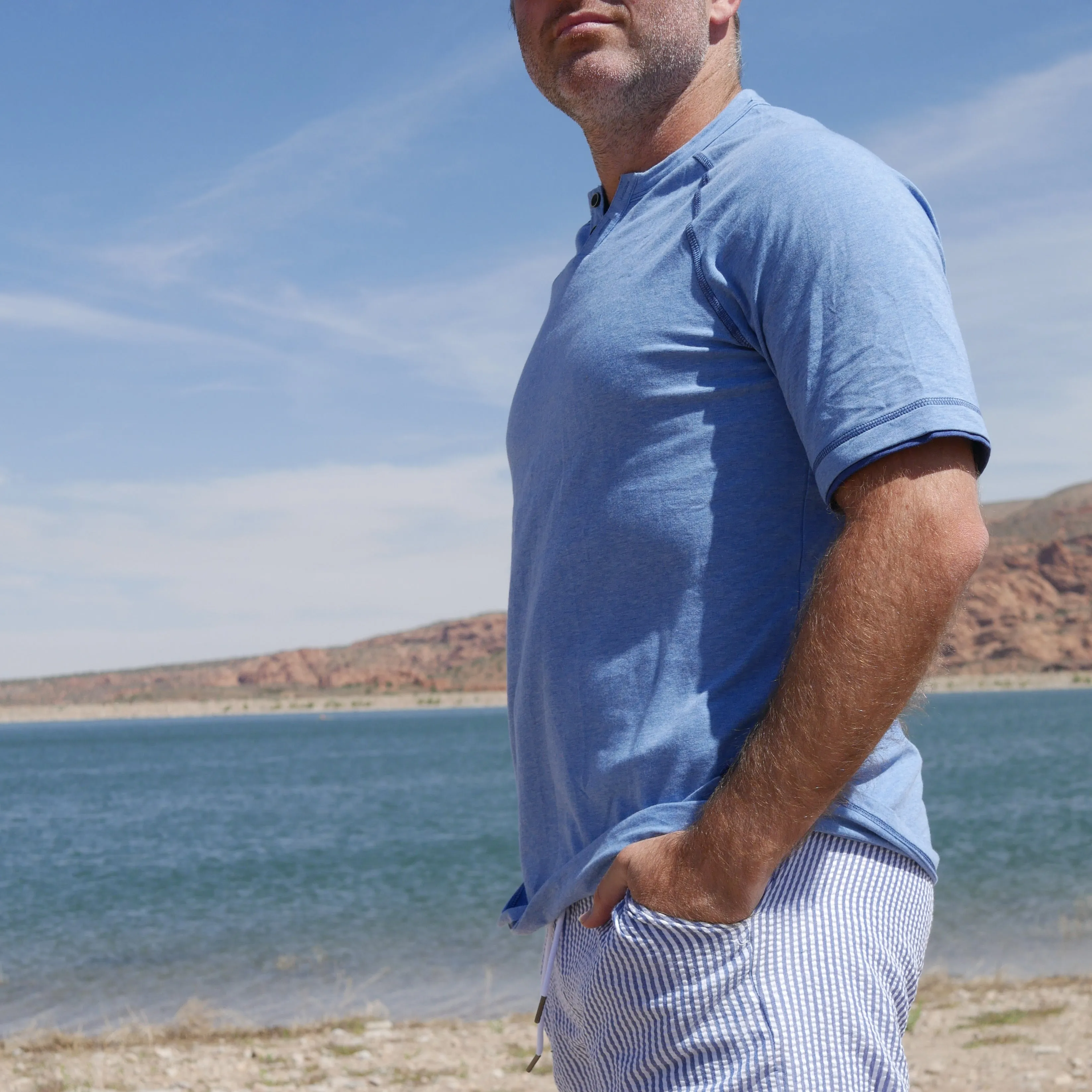 King Notch Neck T-Shirt - Short Sleeve Mid-Blue