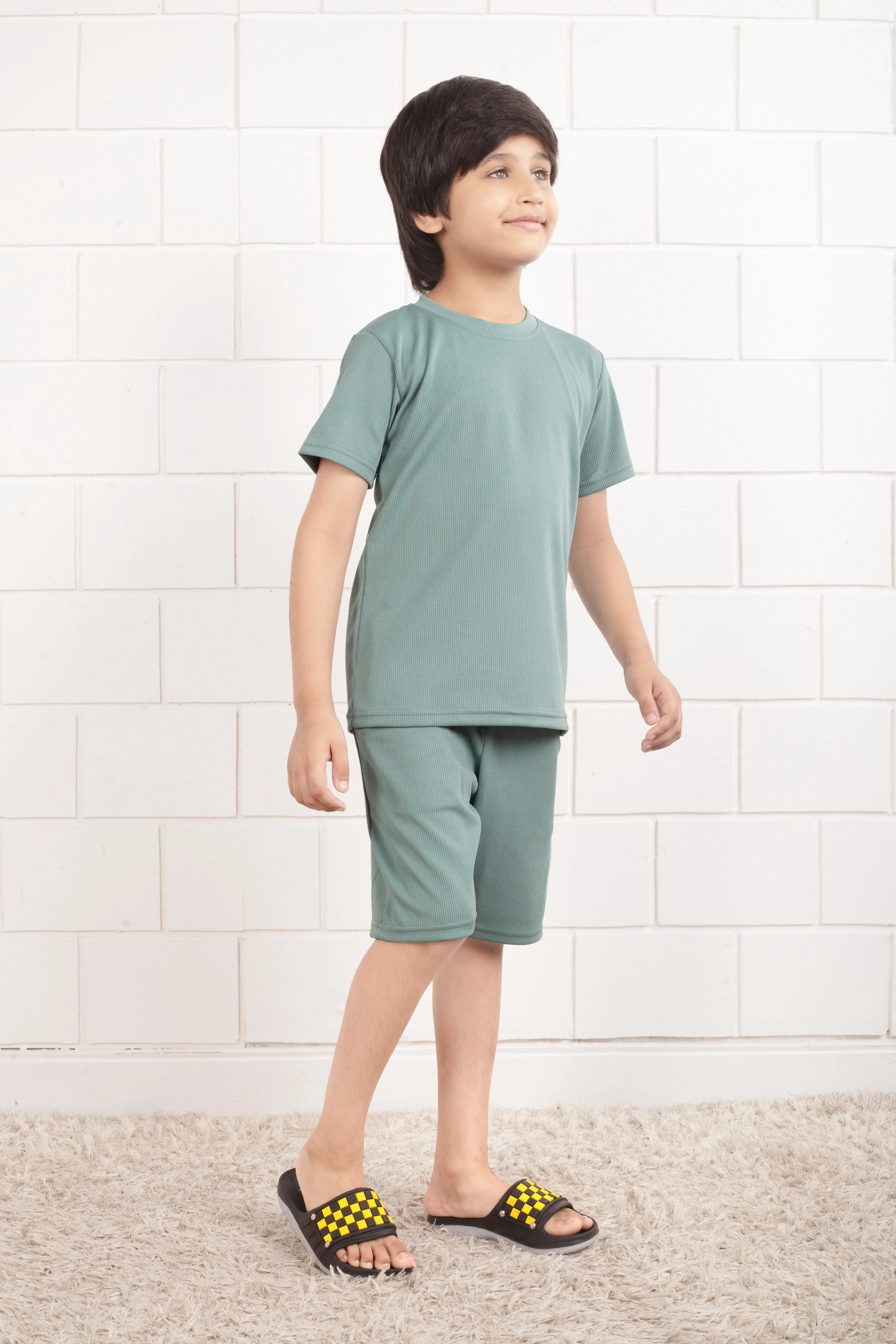 Light Green Mario rib Pure cotton shorts and top set