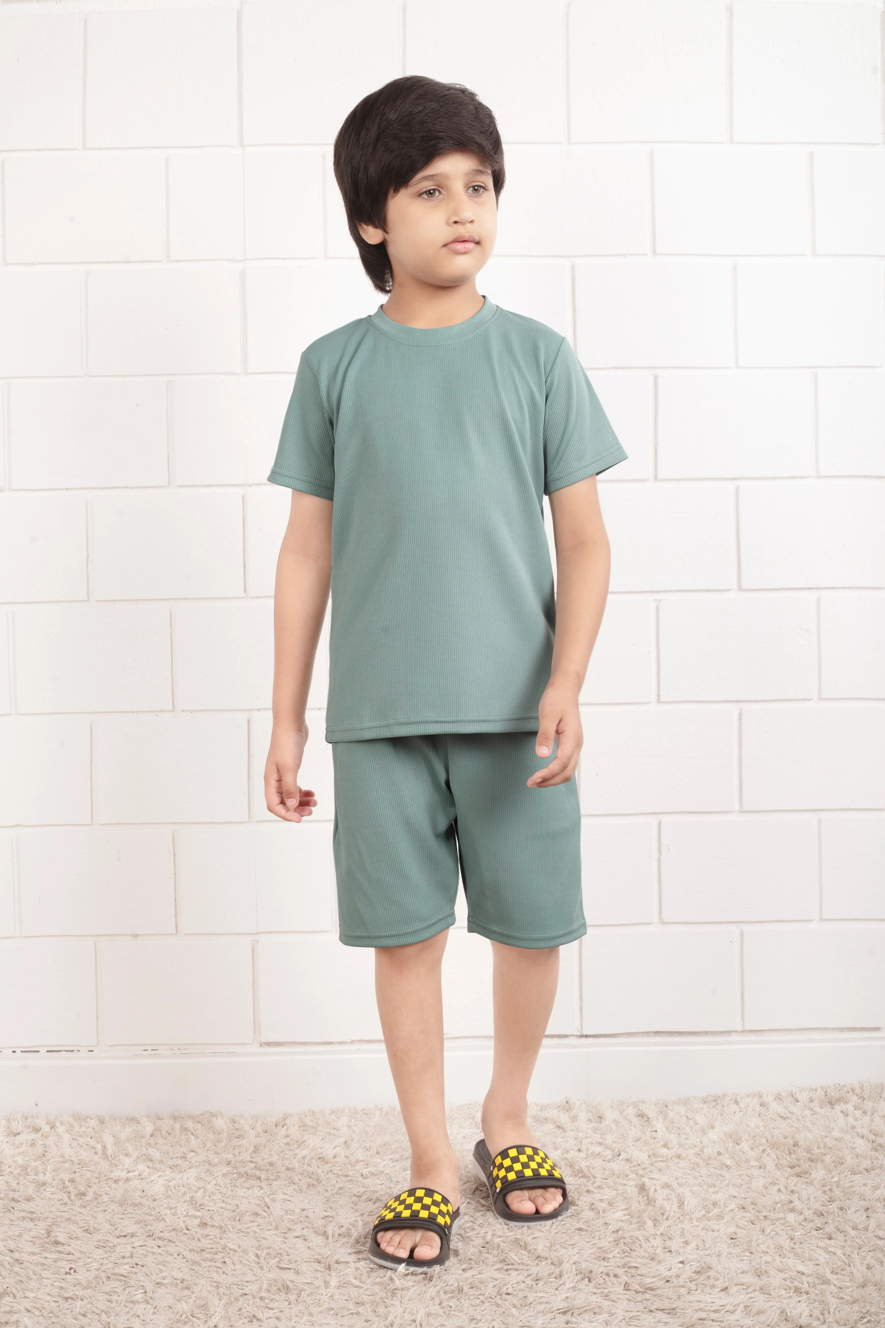 Light Green Mario rib Pure cotton shorts and top set