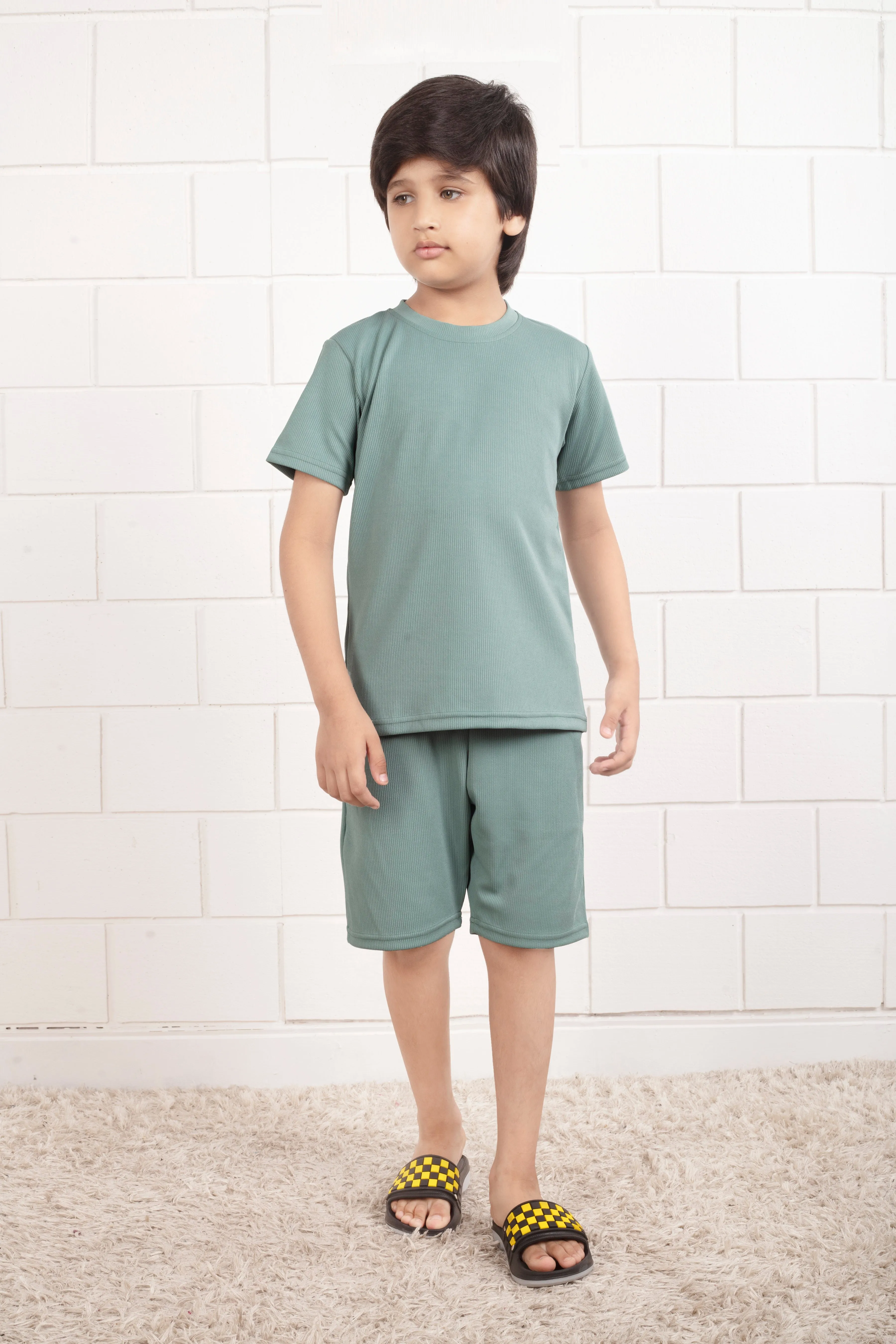 Light Green Mario rib Pure cotton shorts and top set