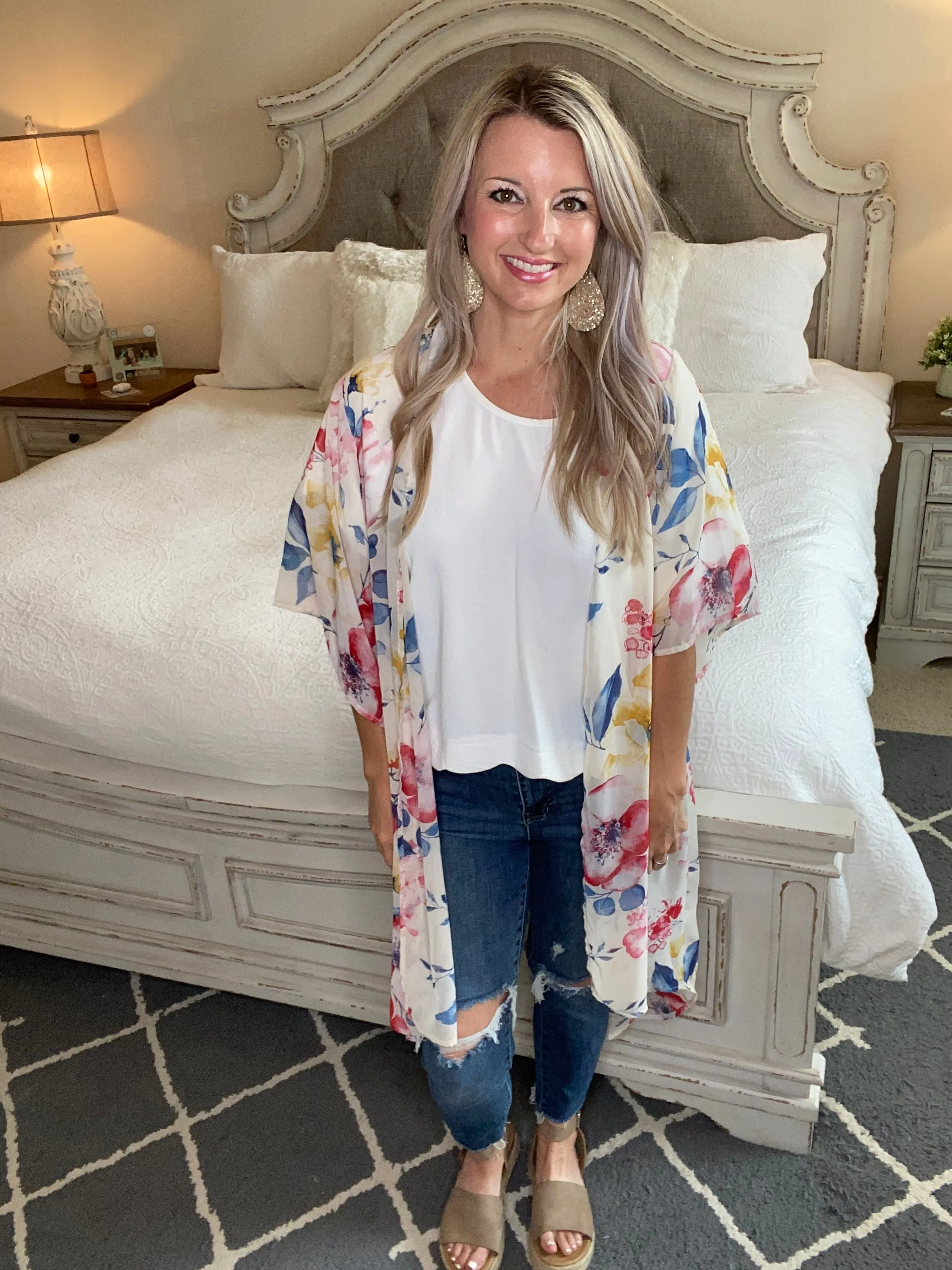 Lightweight Floral Kimono In Ivory