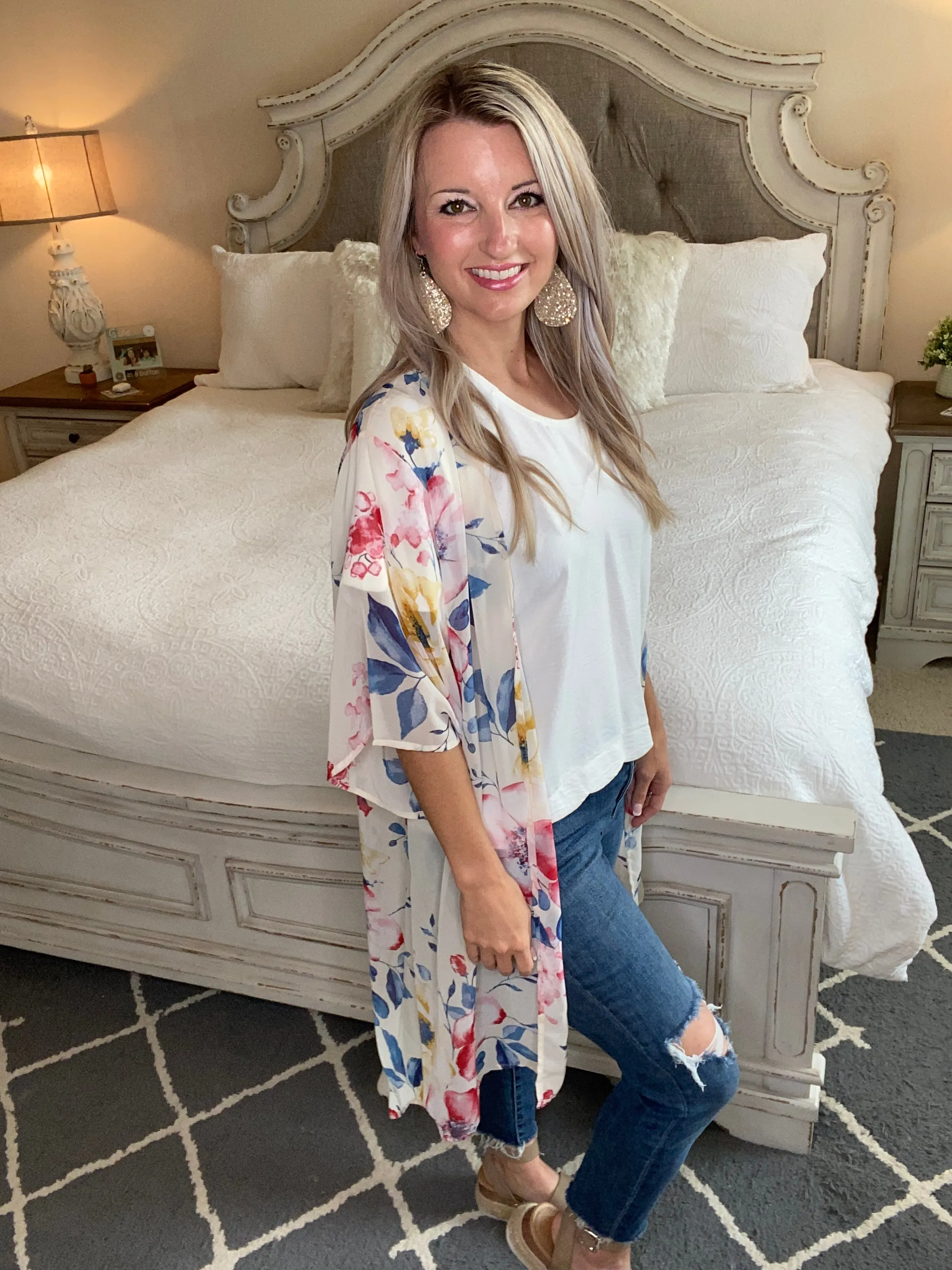 Lightweight Floral Kimono In Ivory
