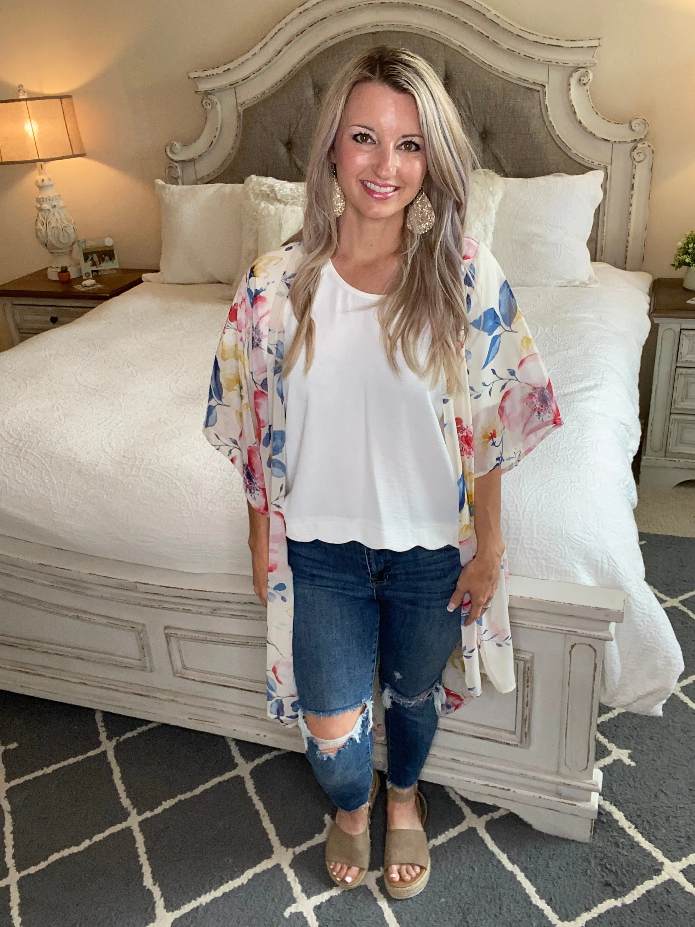 Lightweight Floral Kimono In Ivory