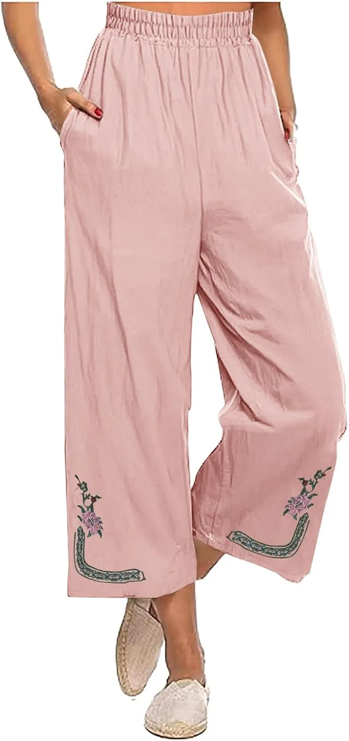 Linen Pants Woman Plus Size Summer Dressy High Waisted Wide Leg Pants Baggy Comfy Casual Trousers with Pockets 2025