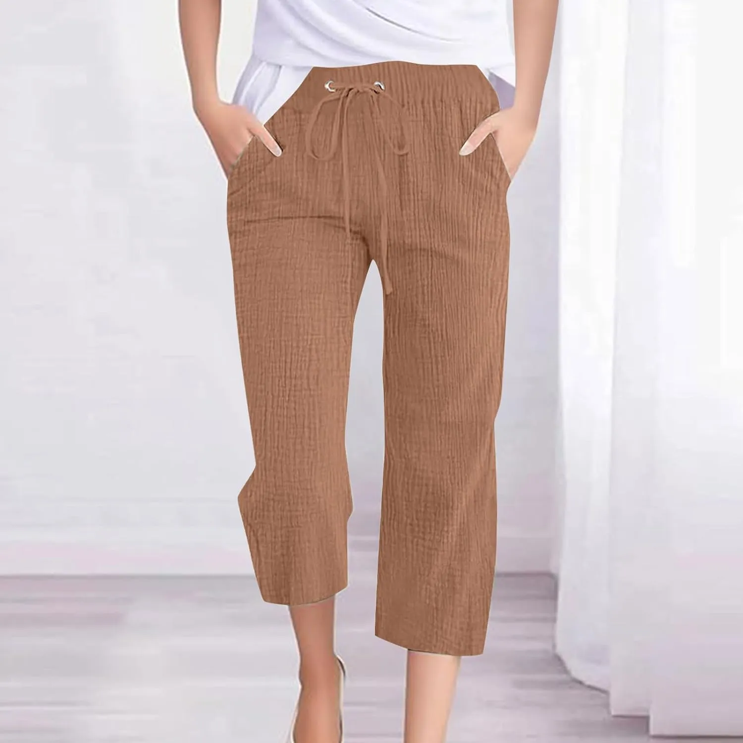 Linen Pants Women Summer Trendy High Waist Drawstring Cropped Pants with Pockets Plus Size Dressy Loose Lounge Trousers