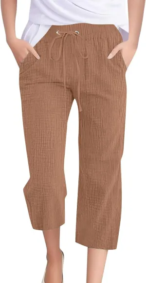 Linen Pants Women Summer Trendy High Waist Drawstring Cropped Pants with Pockets Plus Size Dressy Loose Lounge Trousers