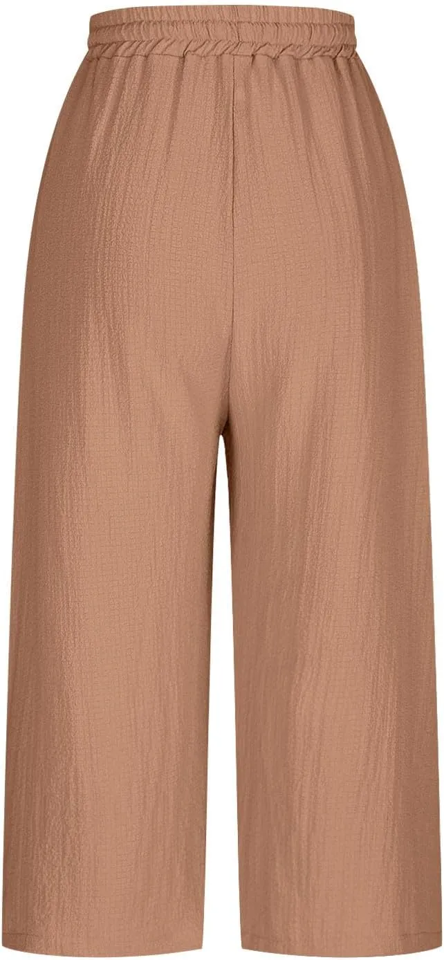 Linen Pants Women Summer Trendy High Waist Drawstring Cropped Pants with Pockets Plus Size Dressy Loose Lounge Trousers
