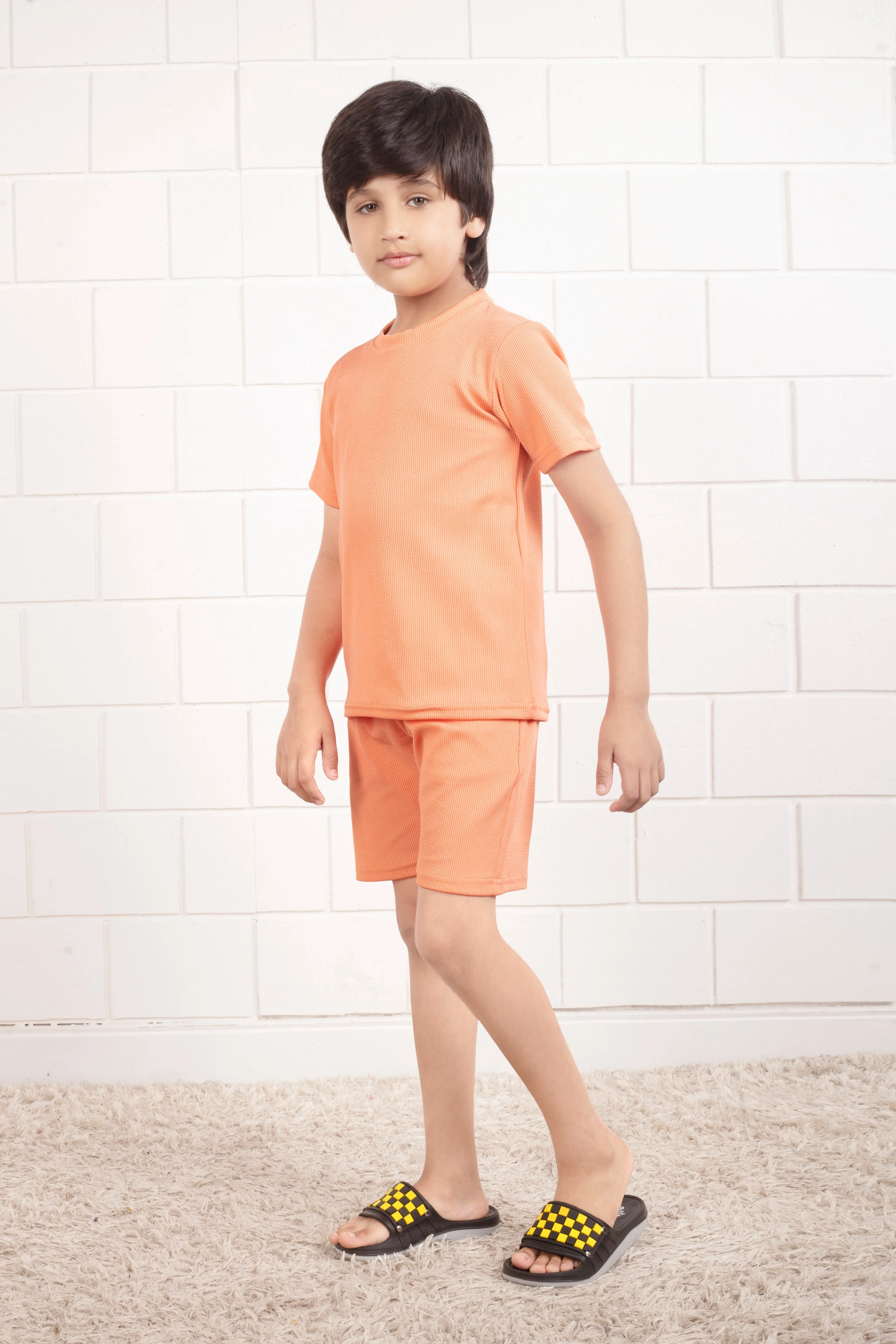 Mario rib cotton Orange kids top and shorts set nightwear