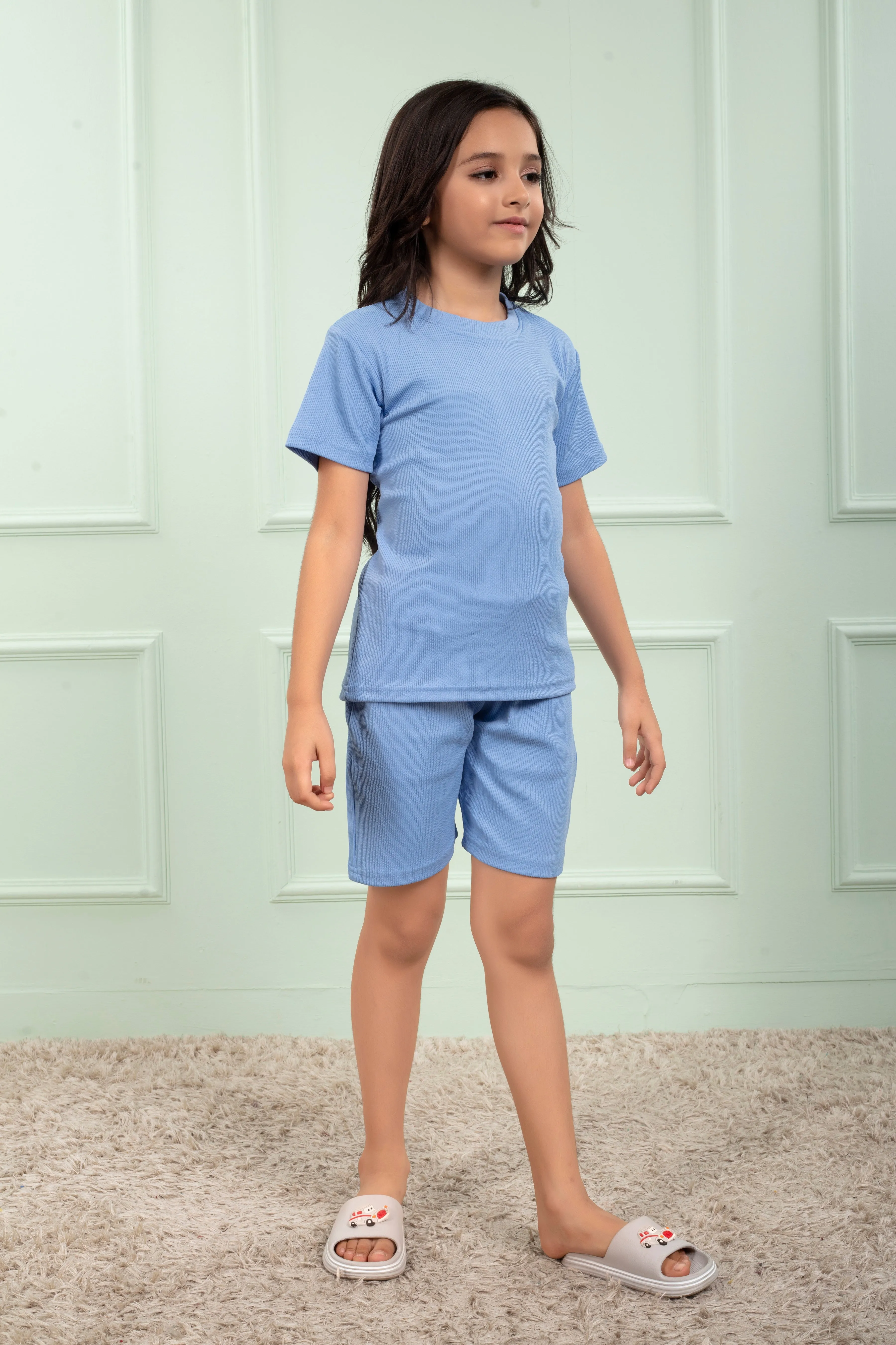 Mario rib cotton Sky Blue color shorts set for Girl