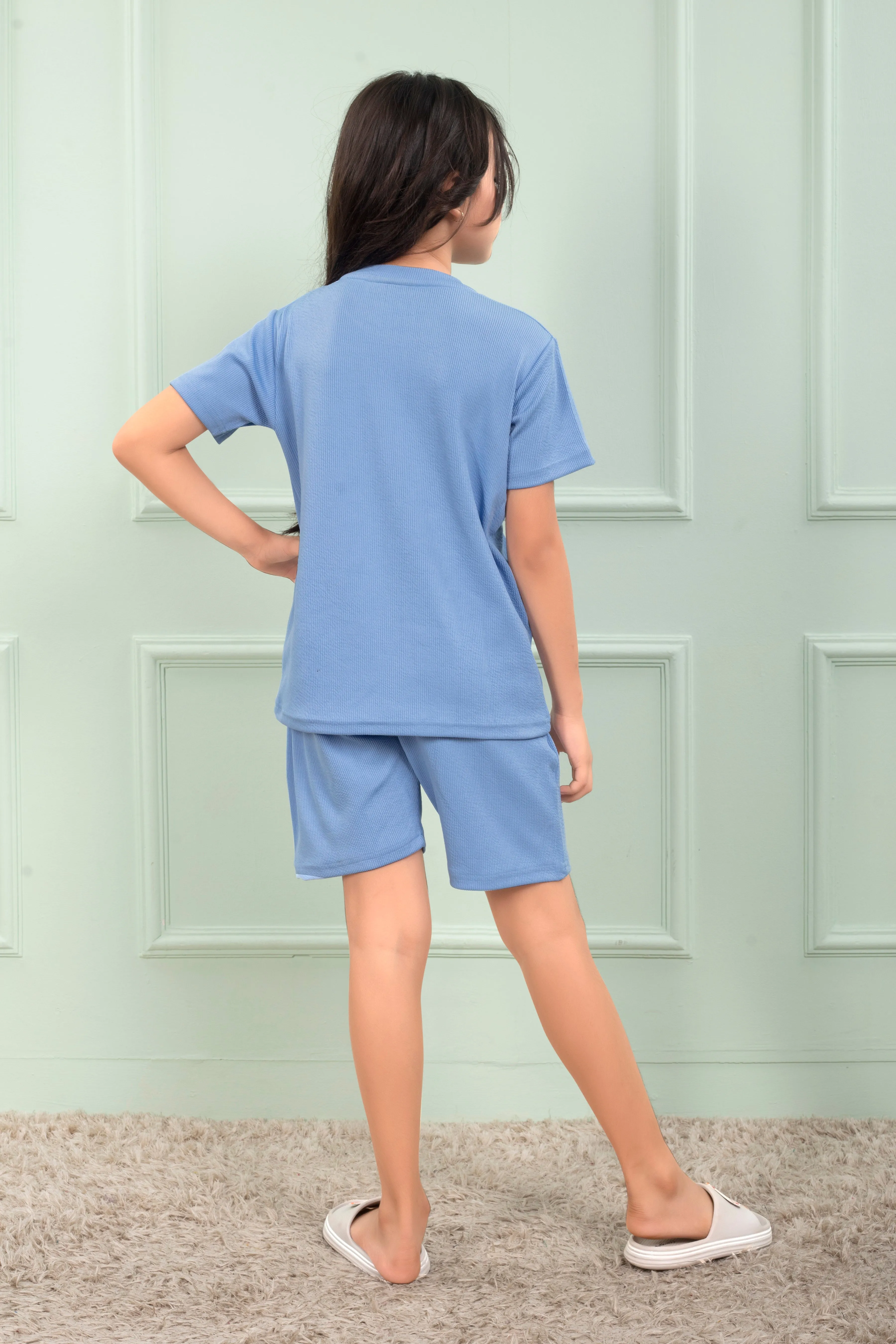 Mario rib cotton Sky Blue color shorts set for Girl