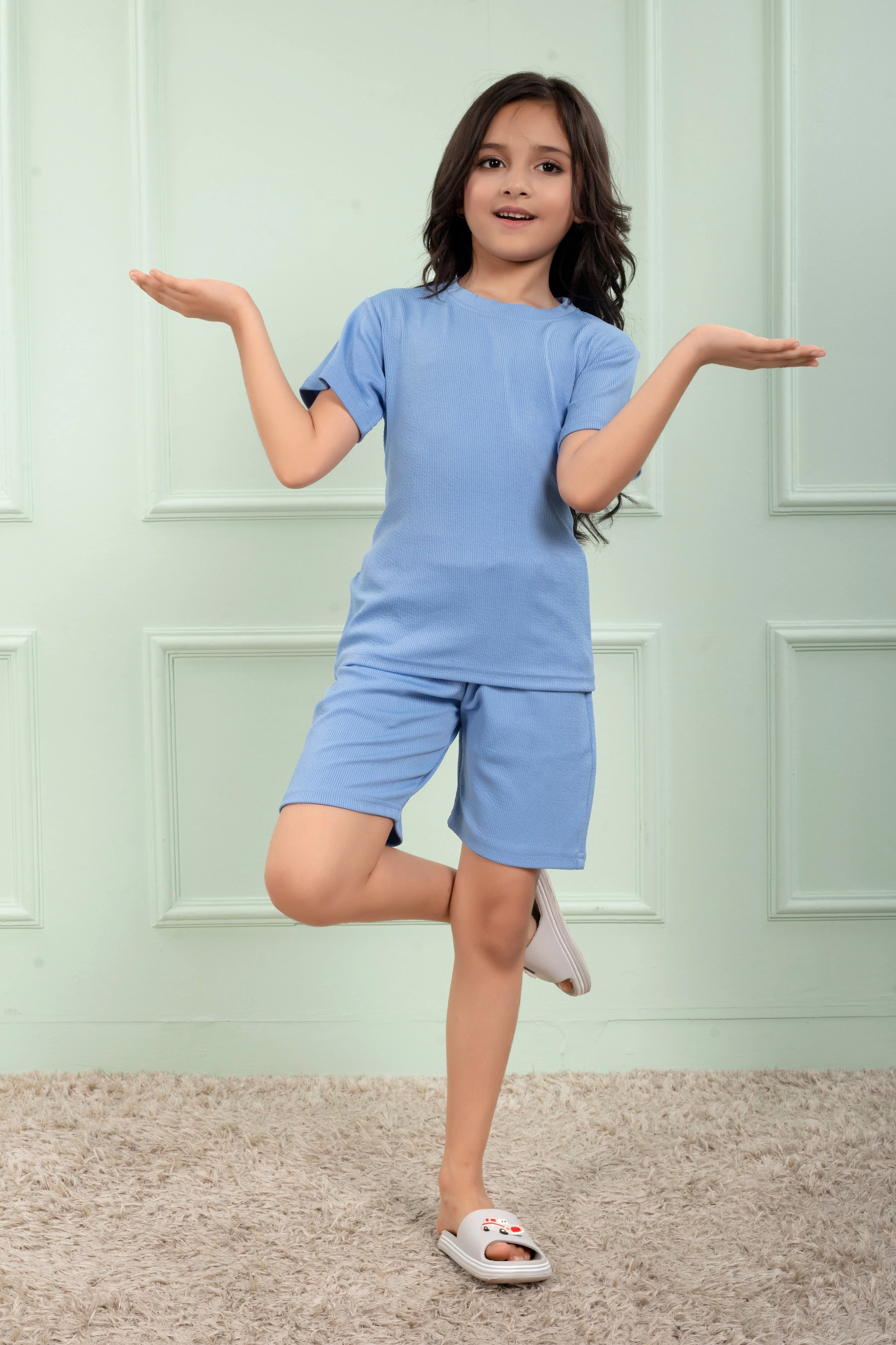 Mario rib cotton Sky Blue color shorts set for Girl