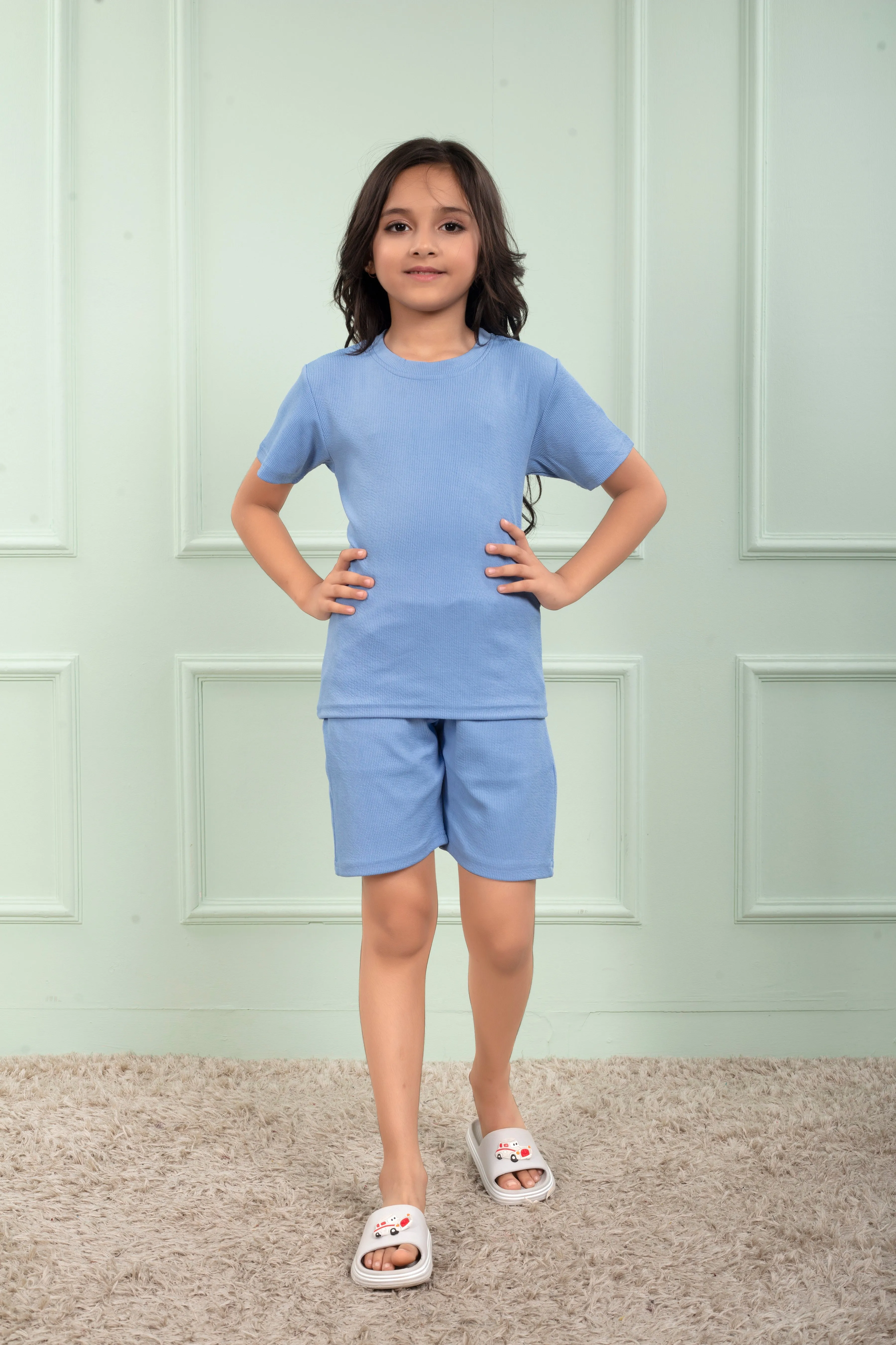 Mario rib cotton Sky Blue color shorts set for Girl