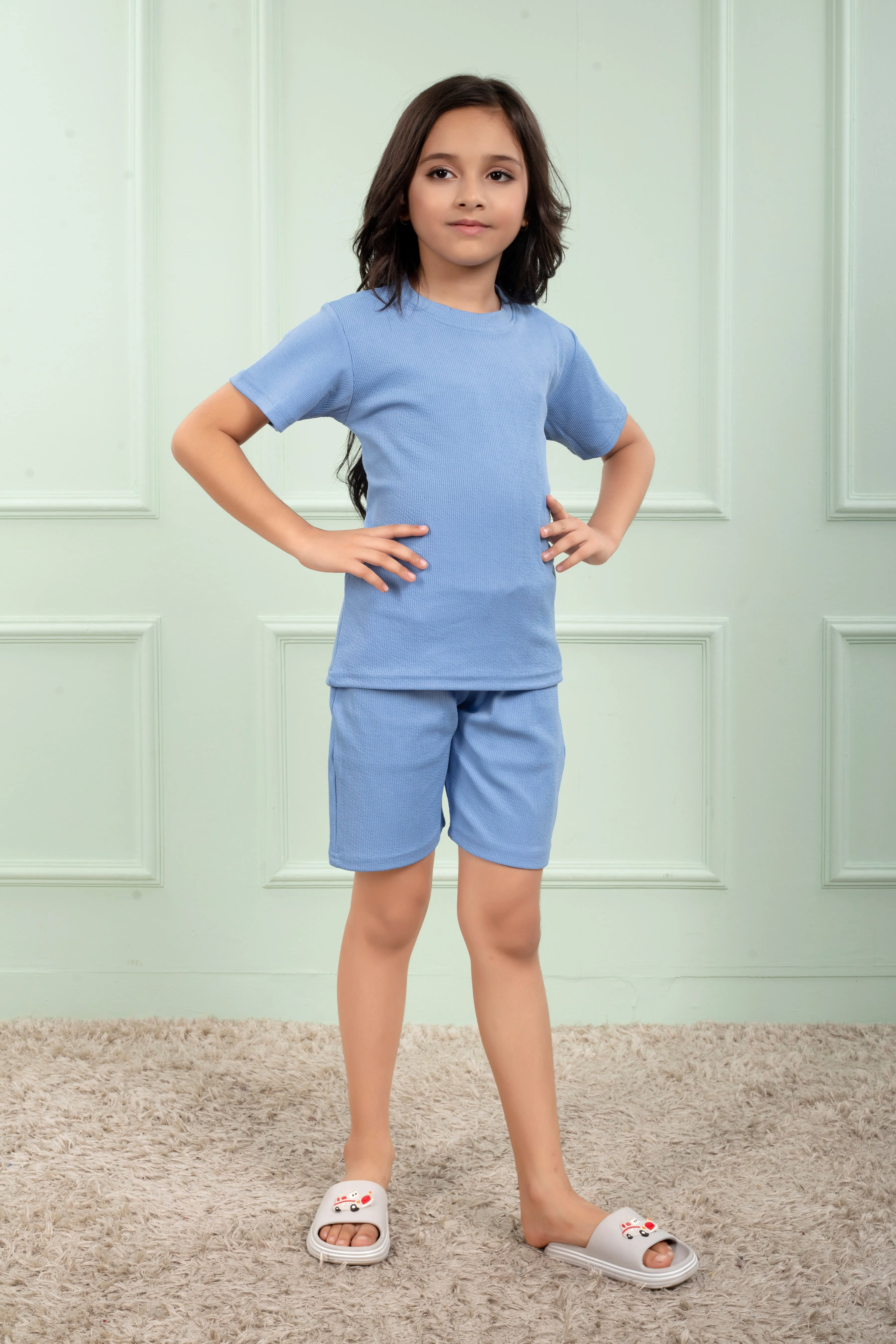 Mario rib cotton Sky Blue color shorts set for Girl
