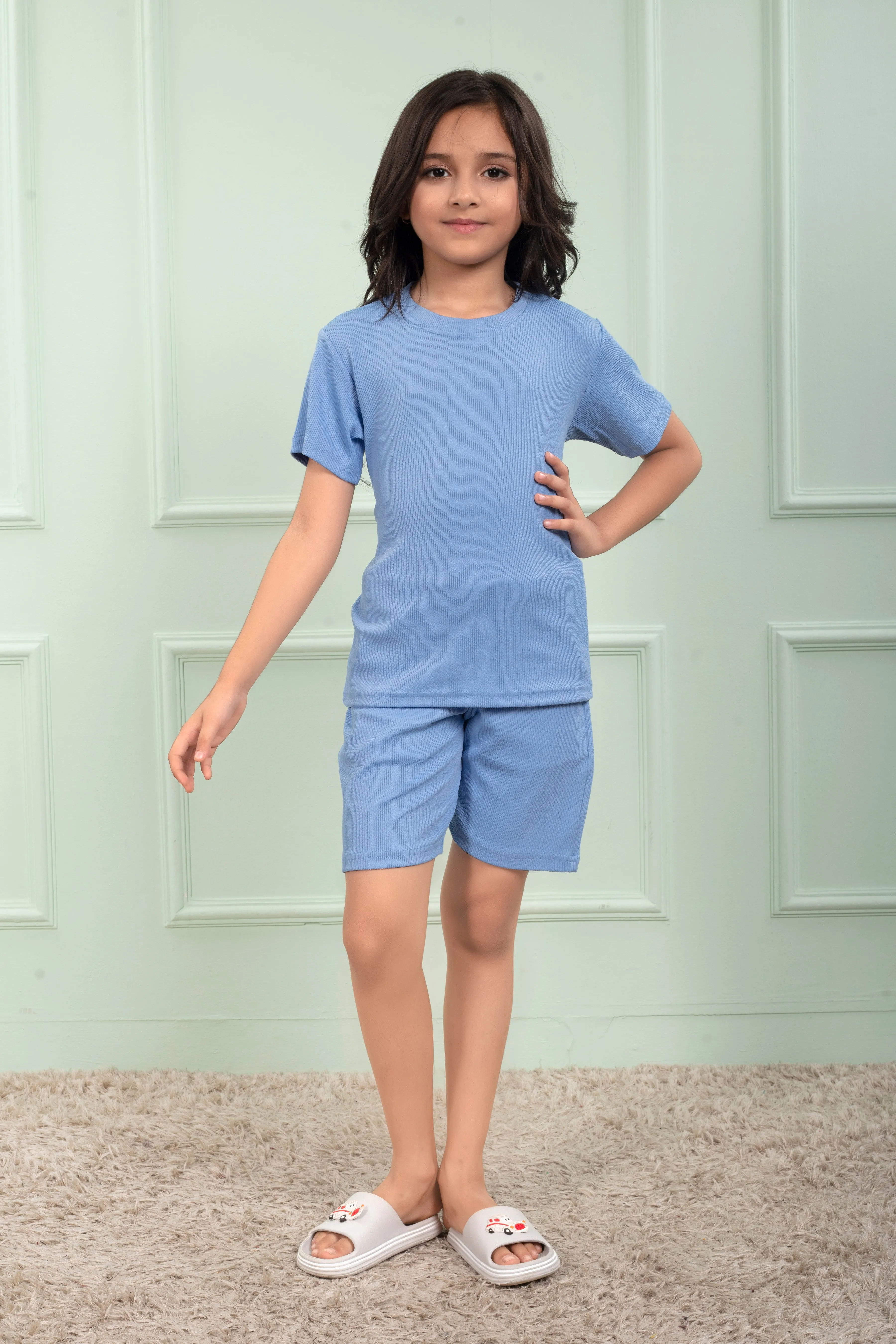 Mario rib cotton Sky Blue color shorts set for Girl