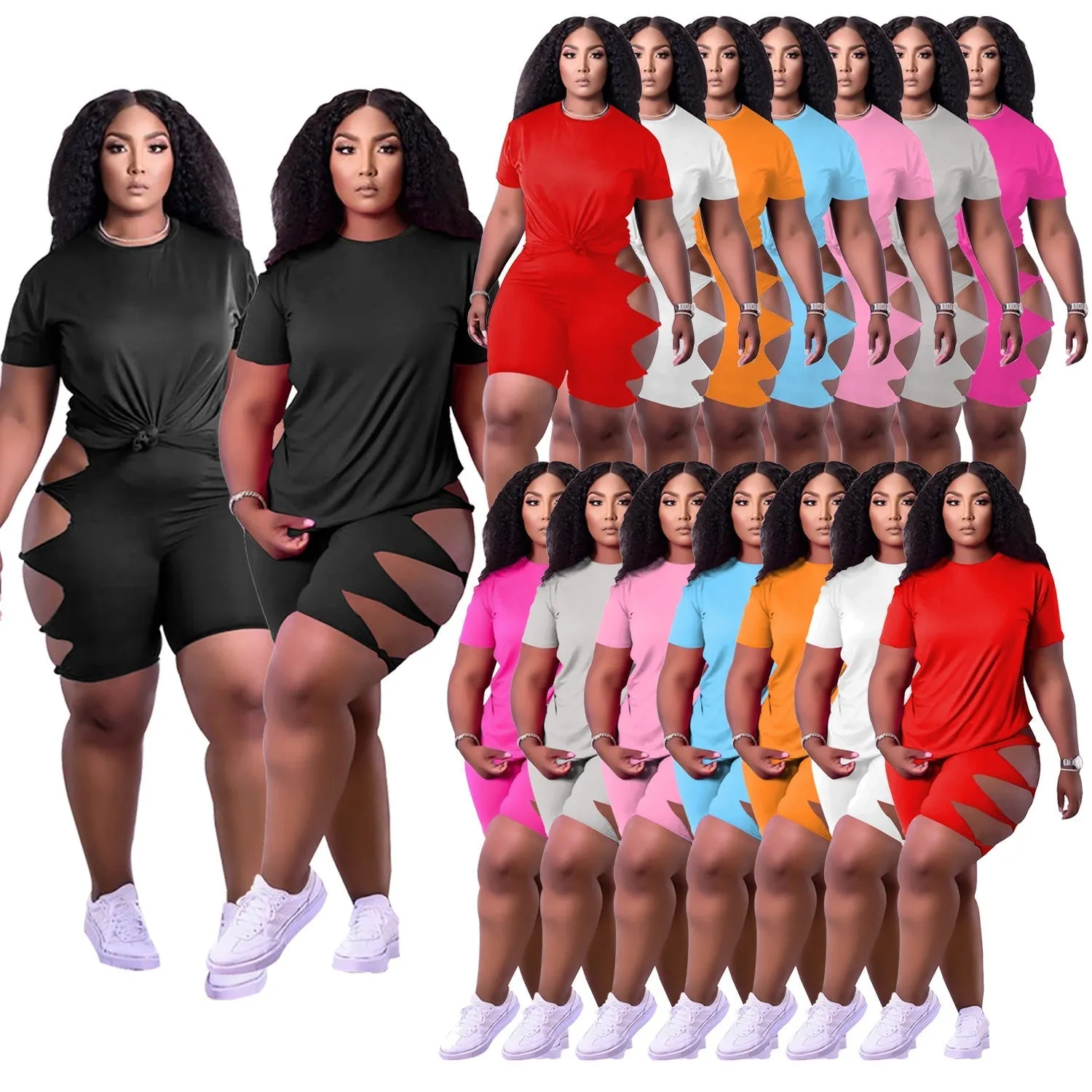 MB FASHION Tee & Cut-Out High-Waisted Shorts Set 8229R