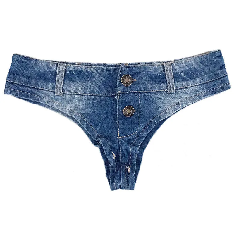 MB FASHION Ultra-Low-Rise Denim Thong Shorts with Button Closure 6544