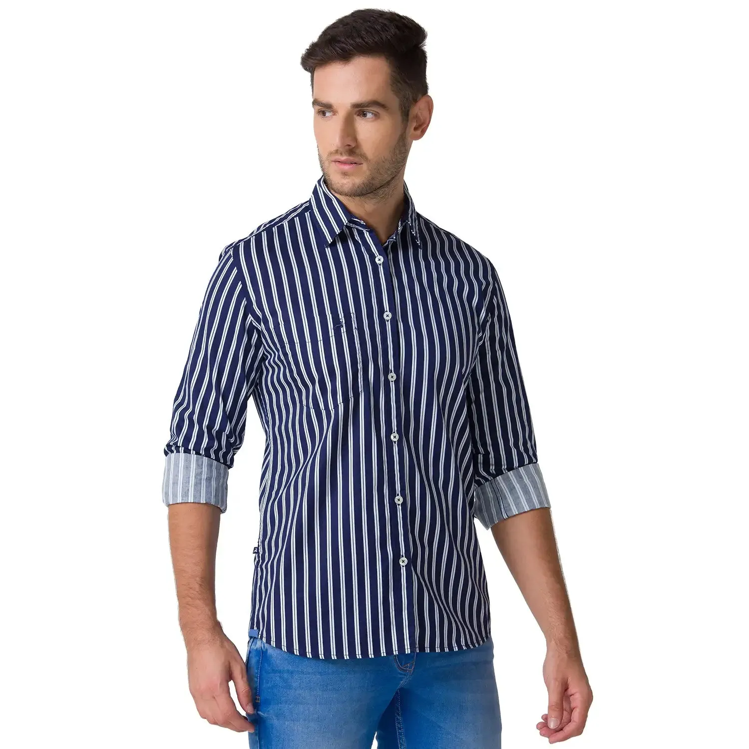 Men Blue Slim Fit Printed Stripe Cotton Full Sleeve Shirts
