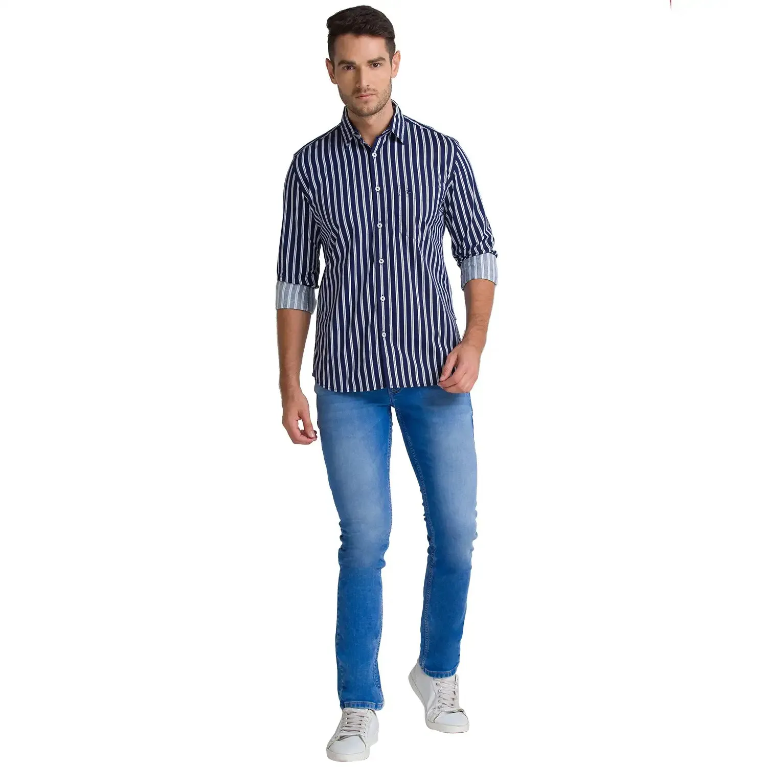 Men Blue Slim Fit Printed Stripe Cotton Full Sleeve Shirts