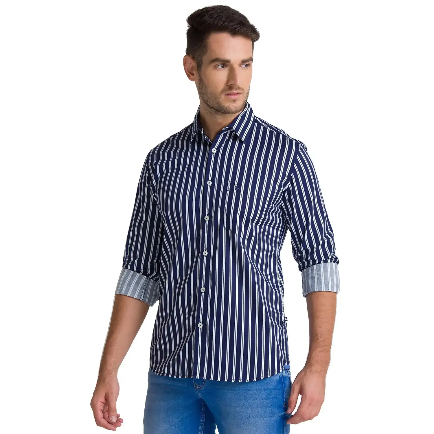 Men Blue Slim Fit Printed Stripe Cotton Full Sleeve Shirts