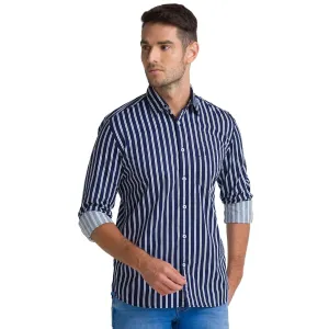 Men Blue Slim Fit Printed Stripe Cotton Full Sleeve Shirts