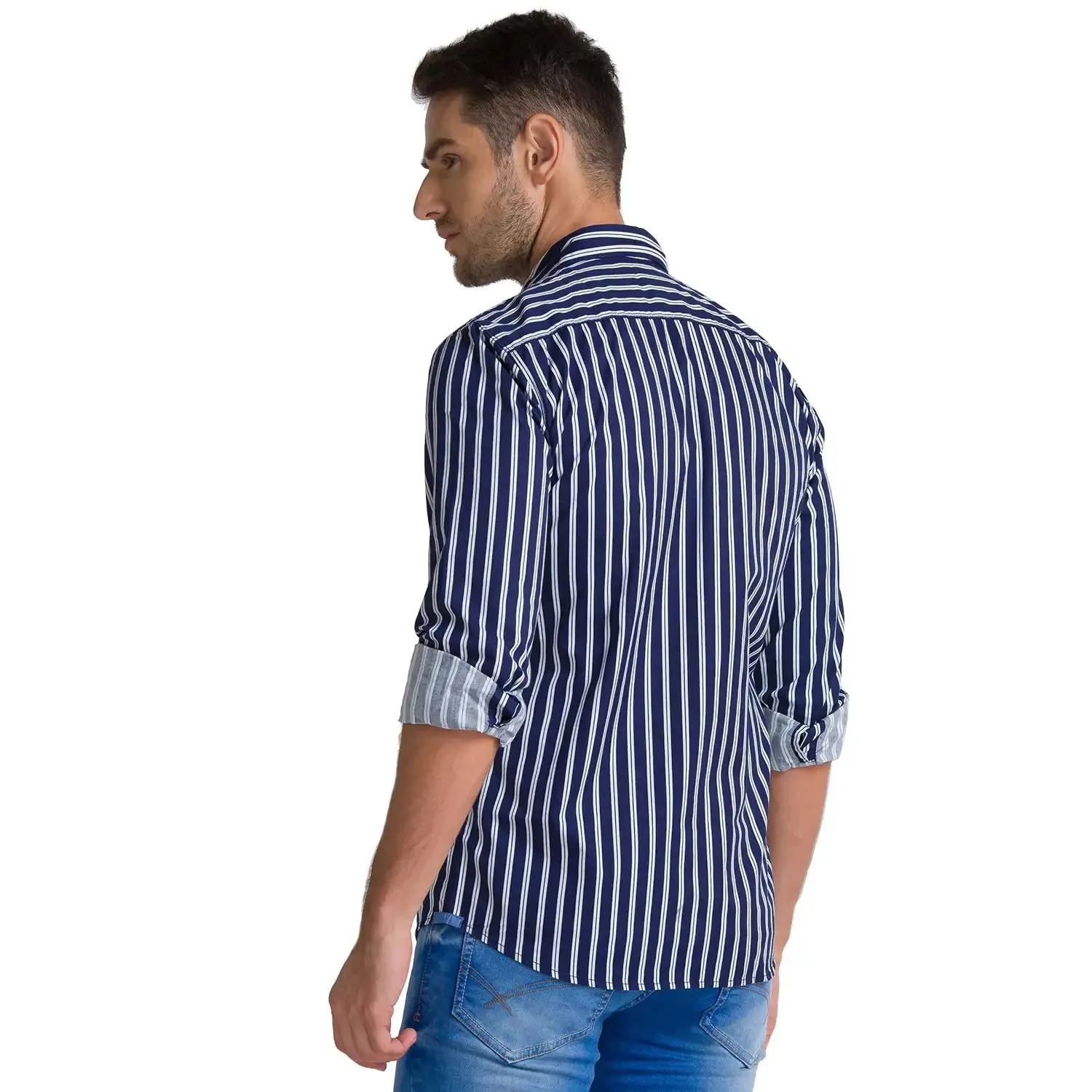 Men Blue Slim Fit Printed Stripe Cotton Full Sleeve Shirts