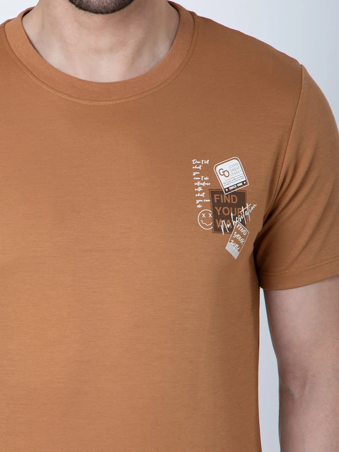 Men Round Neck Brown T-Shirt