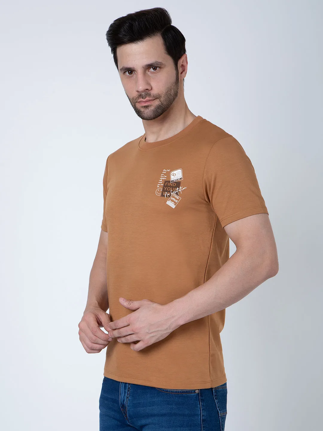 Men Round Neck Brown T-Shirt