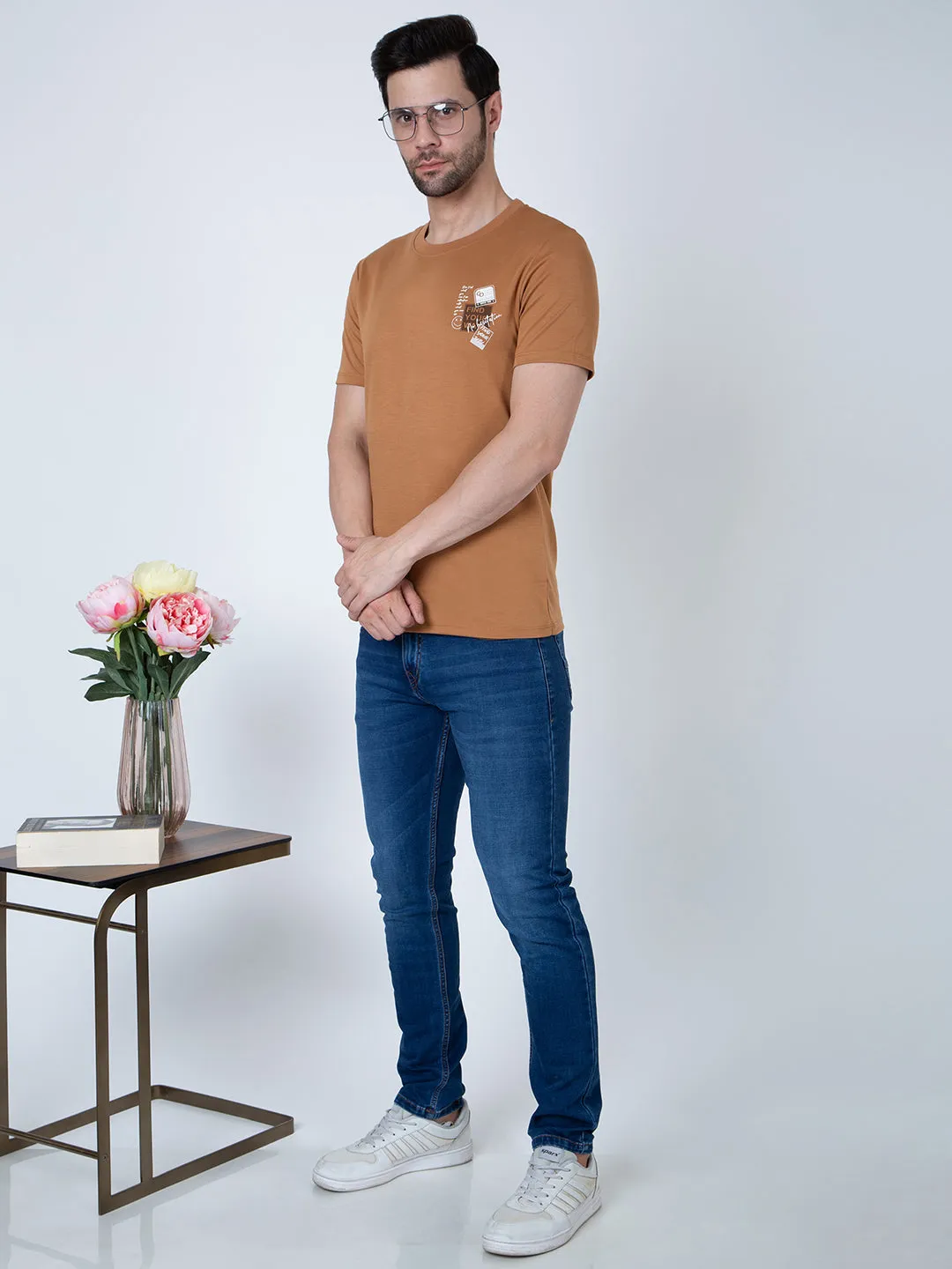 Men Round Neck Brown T-Shirt