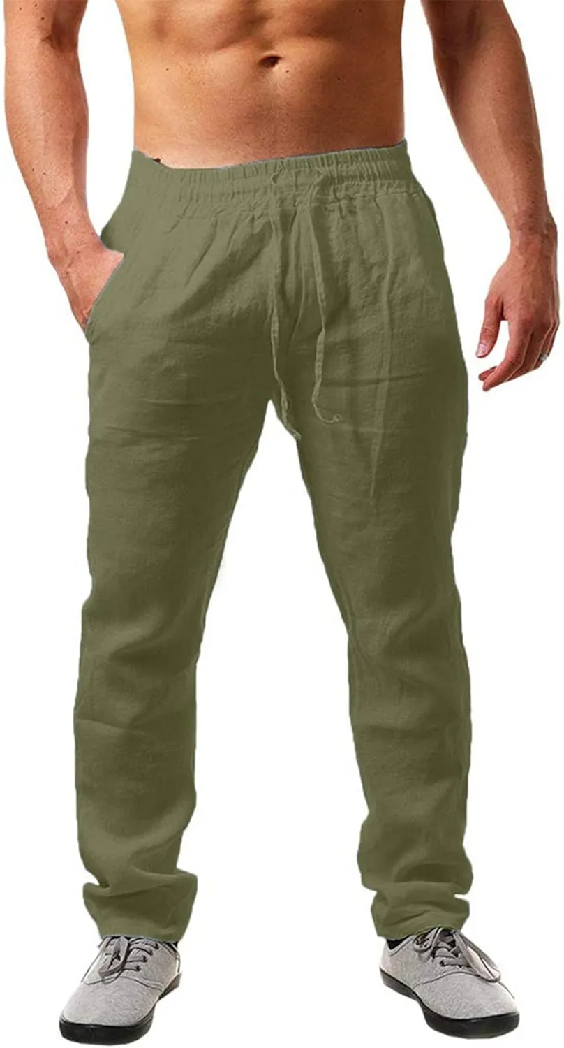 Mens Casual Joggers Pants Elastic Drawstring Chino Cargo Pants Hiking Outdoor Track Casual Cotton Summer Beach Sweatpants