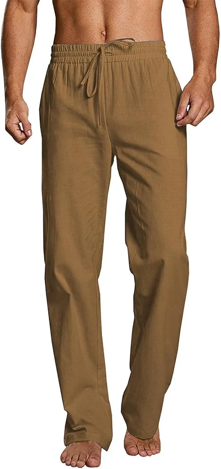 Men's Casual Linen Pants Elastic Waist Drawstring Beach Summer Pants Stretch Chino Pant Lightweight Linen Trousers