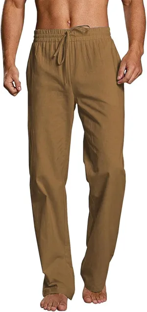 Men's Casual Linen Pants Elastic Waist Drawstring Beach Summer Pants Stretch Chino Pant Lightweight Linen Trousers