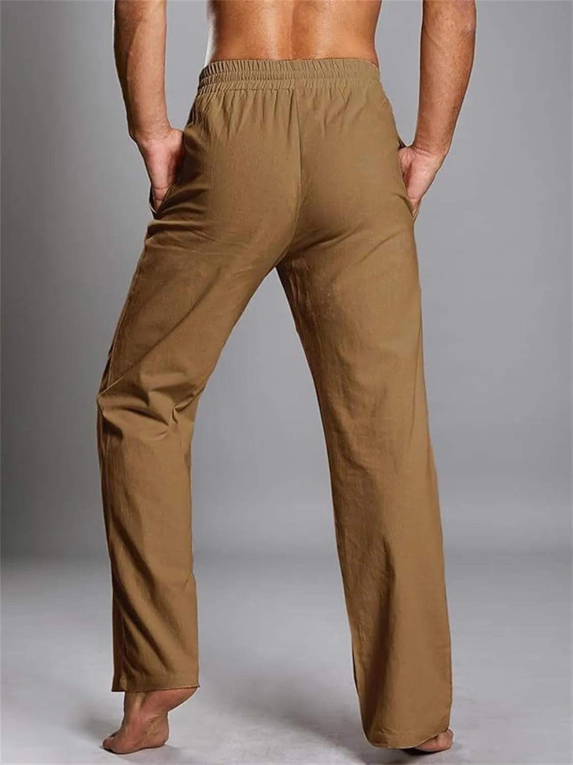 Men's Casual Linen Pants Elastic Waist Drawstring Beach Summer Pants Stretch Chino Pant Lightweight Linen Trousers