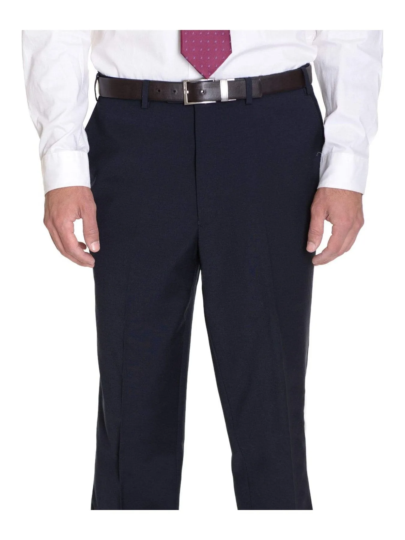 Mens Classic Fit Solid Navy Blue Flat Front Wool Dress Pants