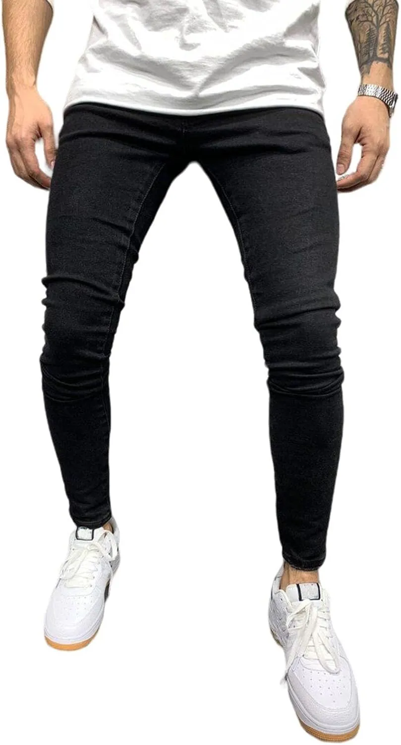 Men's Denim Pants Slim Fit Stretch Casual Flat Front Classic Essential Denim Jeans with Pockets