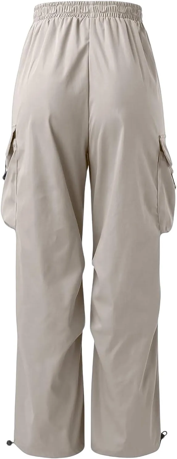 Mens Hiking Parachute Pants High Waist Drawstring Travel Pants Summer Wide Leg Comfy Athletic Trousers with Pockets