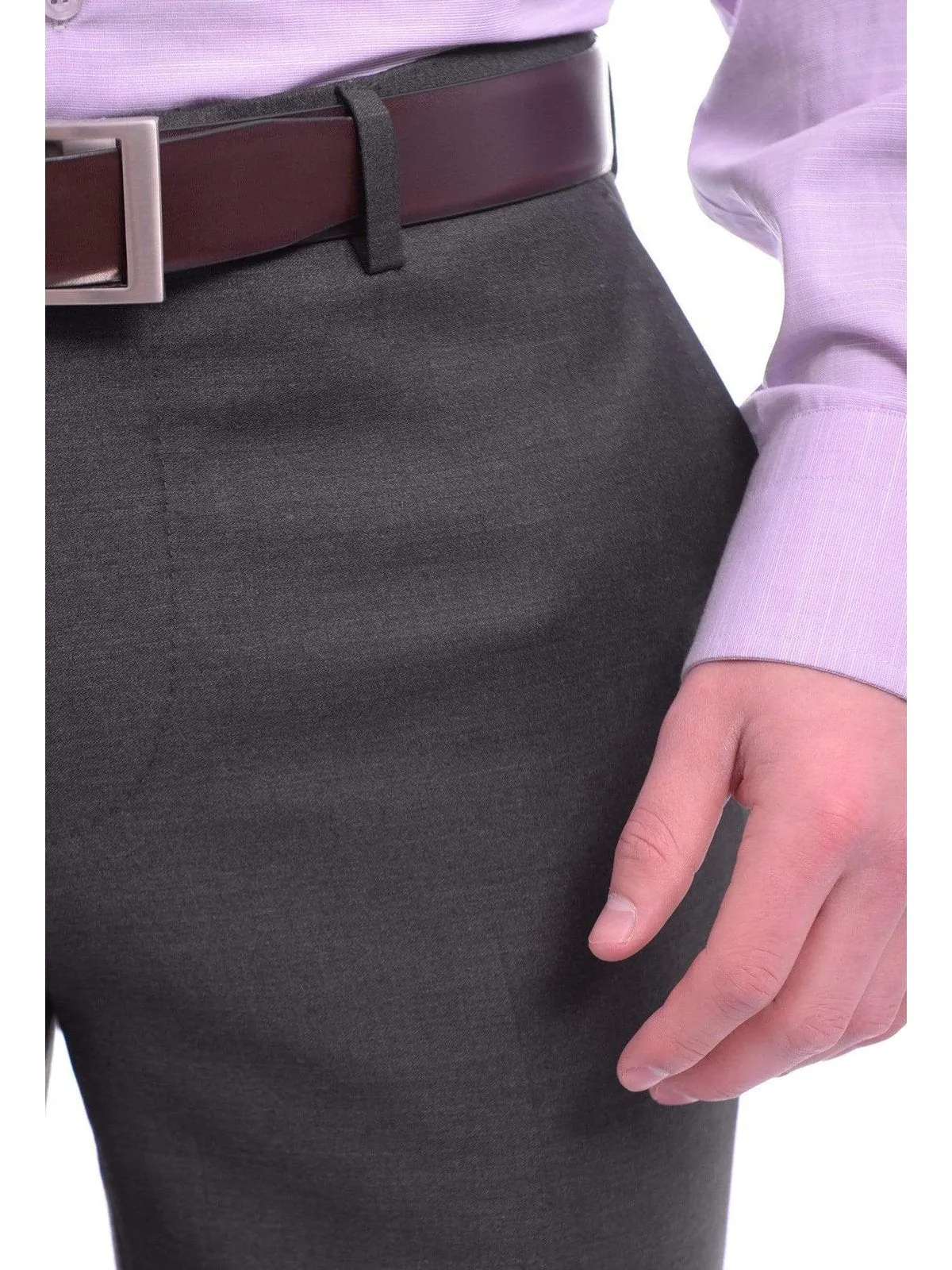 Mens Napoli Slim Fit Solid Charcoal Gray Flat Front Wool Dress Pants