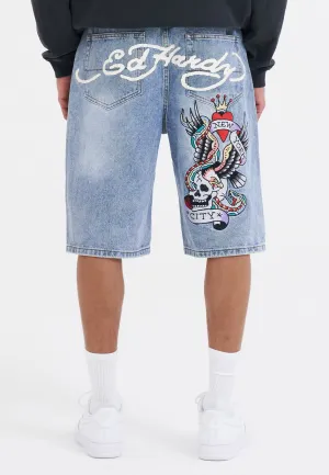 Mens Nyc Skull Denim Jorts Shorts - Bleach